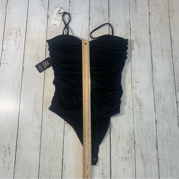 Express Woman S Black Ruched Whimsigoth Fairy Grunge Spaghetti Strap Bodysuit. - Picture 2 of 5